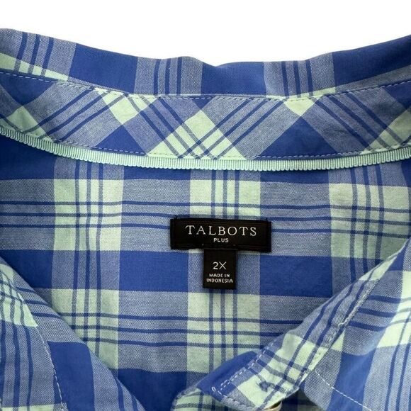 Talbots Womens 2X Plaid Long Sleeve Button Front Shirt Blue Mint Green - Picture 3 of 6